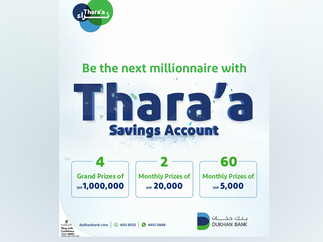 Four grand prizes of QR1m from Dukhan Bank&rsquo;s Thara&rsquo;a savings account